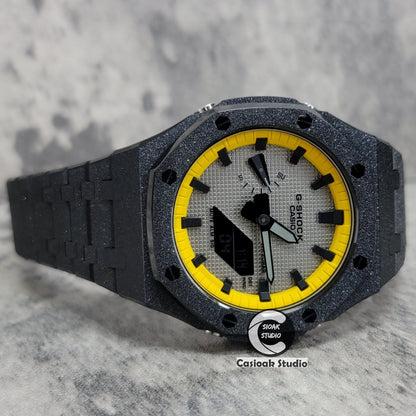 Casioak Mod Watch Frosted Black Case Metal Strap Yellow Black Time Mark Gray Dial 44mm- Casioak Mod Casio G-Shock Royal Oak Custom Mens Luxury Watches Ga2100