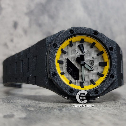 Casioak Mod Watch Frosted Black Case Metal Strap Yellow Black Time Mark Gray Dial 44mm- Casioak Mod Casio G-Shock Royal Oak Custom Mens Luxury Watches Ga2100