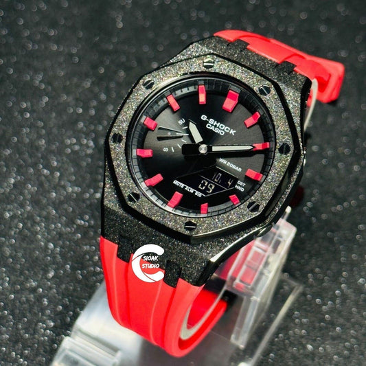 Casioak Mod Watch Frosted Black Case Red Strap Black Red Time Mark Black Dial 44mm  Men- Casioak Mod Casio G-Shock Royal Oak Custom Mens Luxury Watches Ga2100