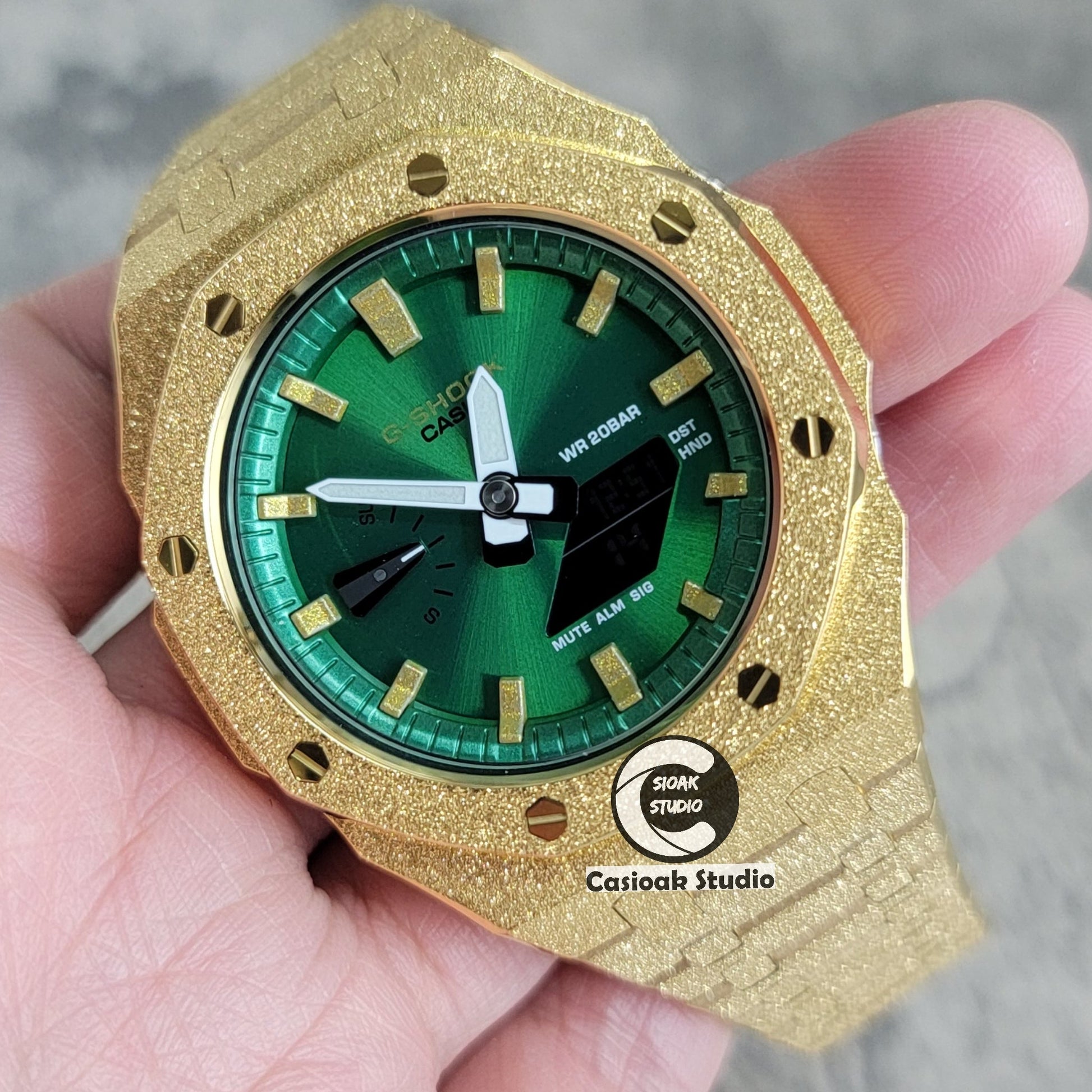 Casioak Mod Watch Frosted Glod Case Metal Strap Green Gold Time Mark Green Dial 44mm- Casioak Mod Casio G-Shock Royal Oak Custom Mens Luxury Watches Ga2100