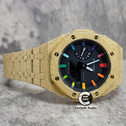 Casioak Mod Watch Frosted Gold Case Metal Strap Black Rainbow Time Mark Black Dial 44mm- Casioak Mod Casio G-Shock Royal Oak Custom Mens Luxury Watches Ga2100