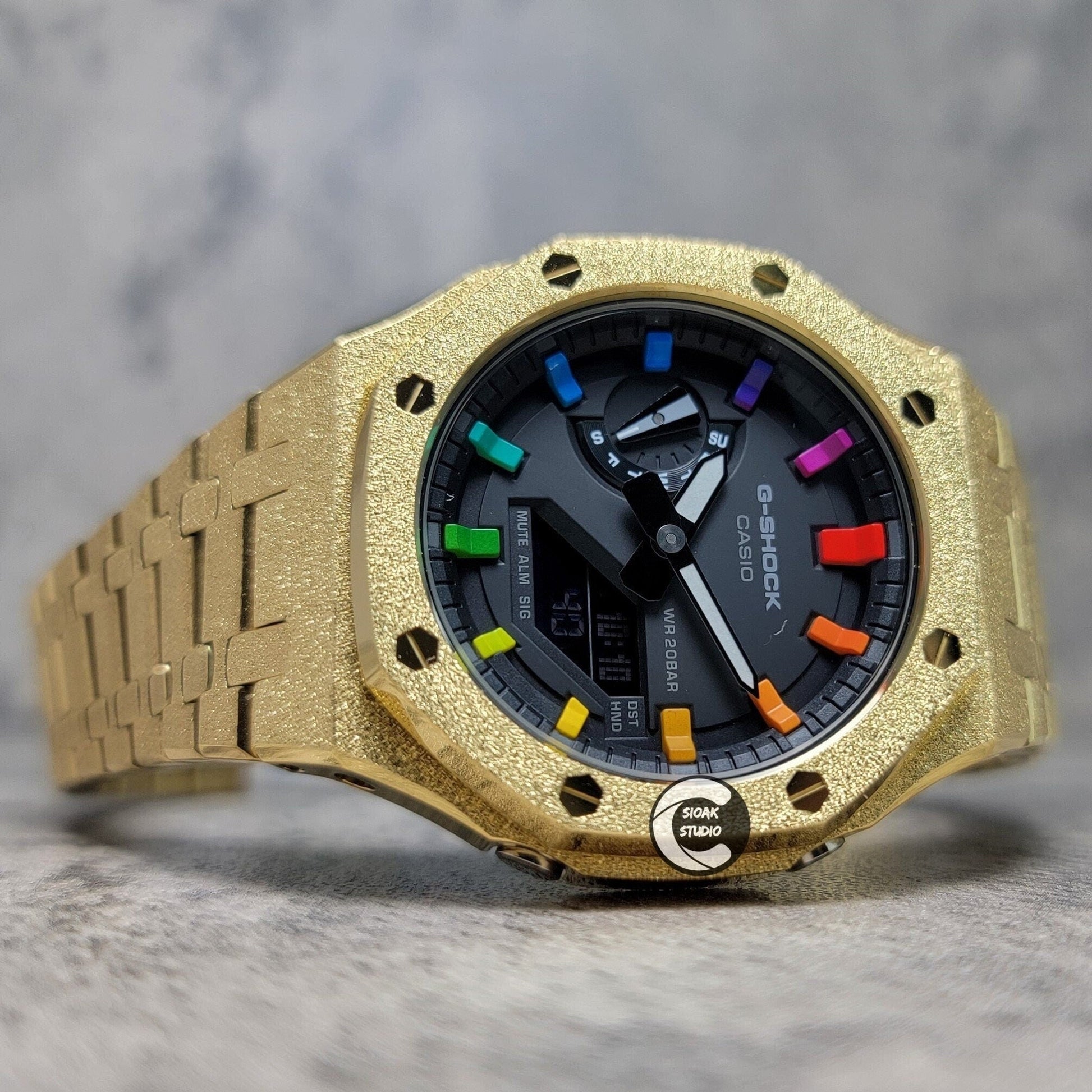 Casioak Mod Watch Frosted Gold Case Metal Strap Black Rainbow Time Mark Black Dial 44mm- Casioak Mod Casio G-Shock Royal Oak Custom Mens Luxury Watches Ga2100