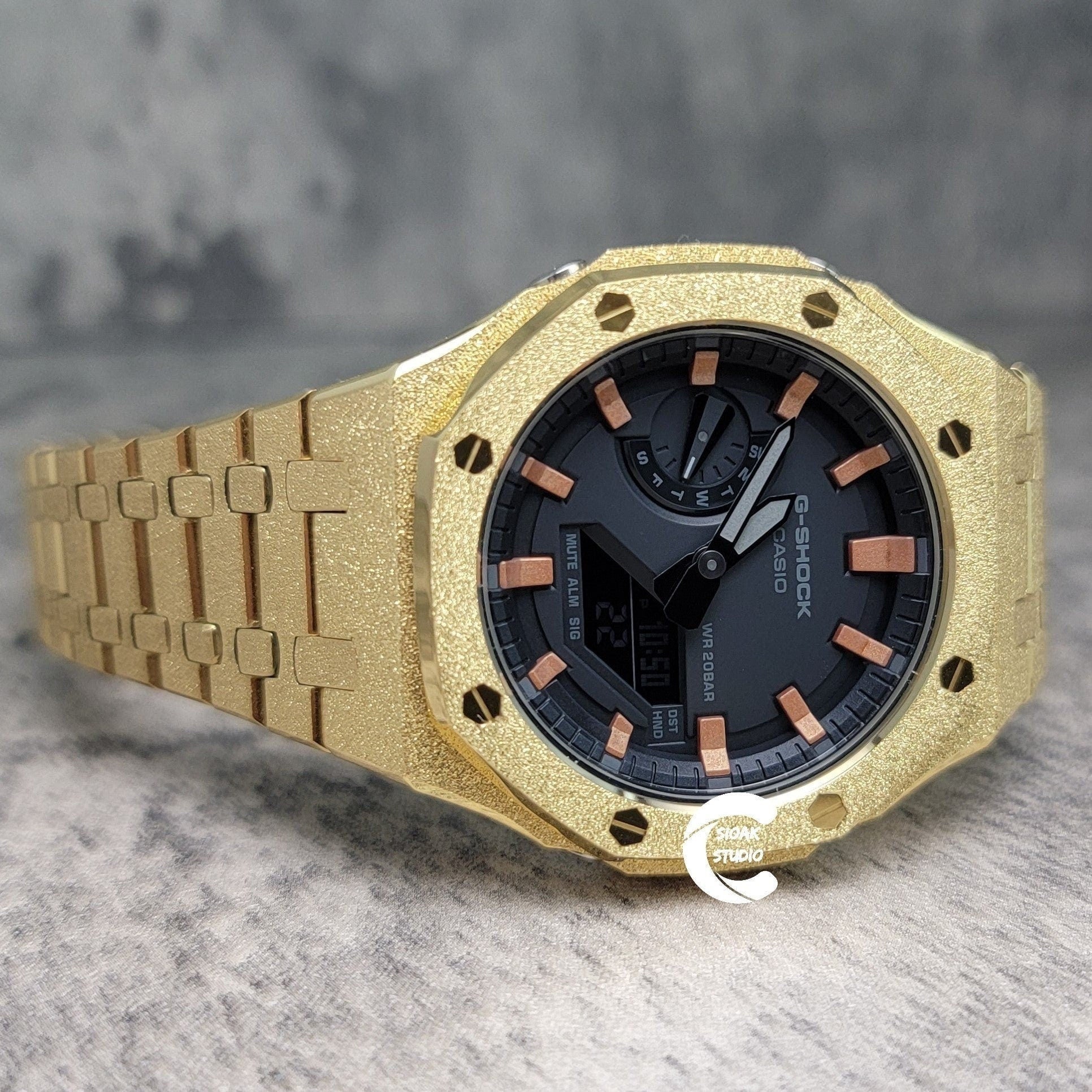 Casioak Mod Watch Frosted Gold Case Metal Strap Black Rose Gold Time Mark Black Dial 44mm- Casioak Mod Casio G-Shock Royal Oak Custom Mens Luxury Watches Ga2100