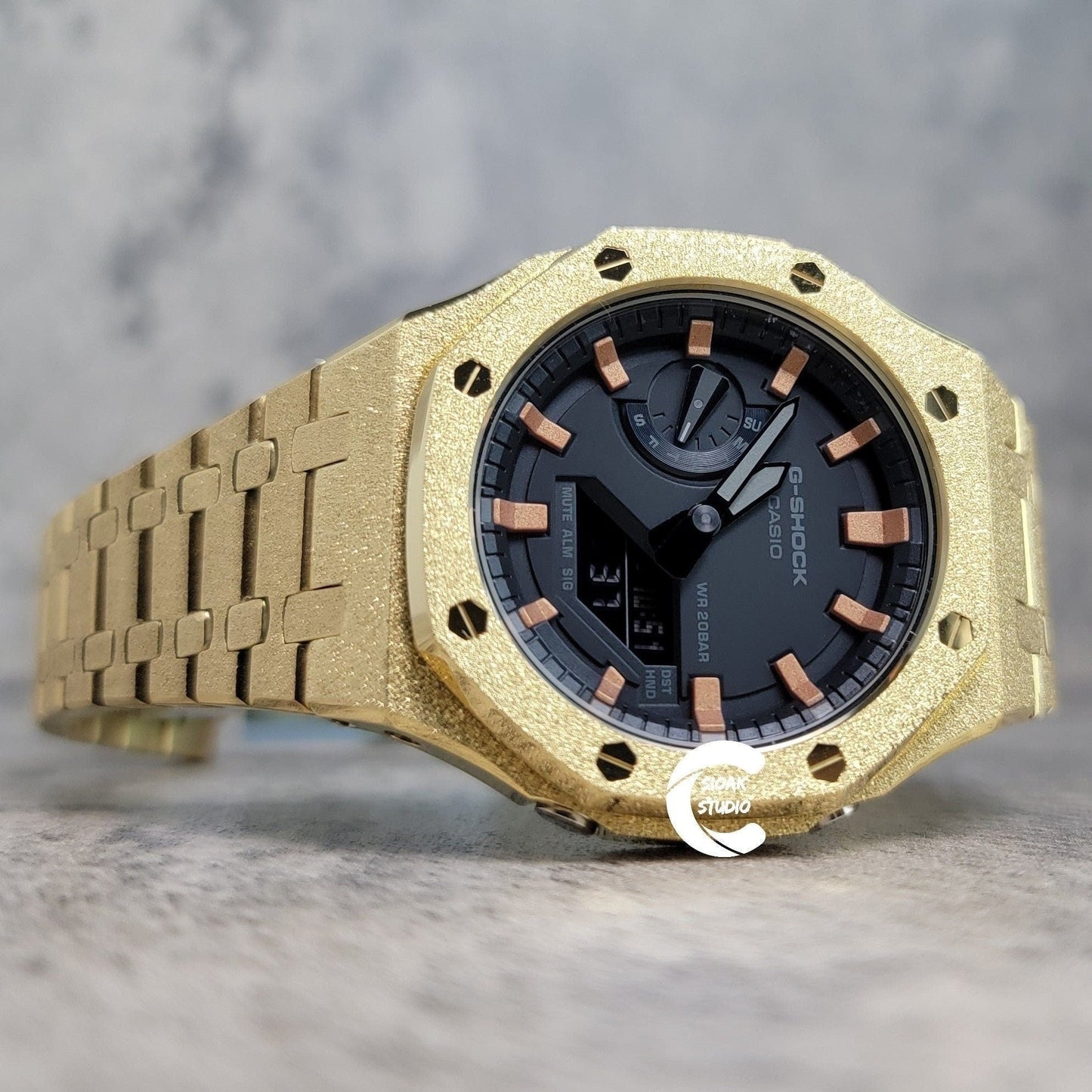 Casioak Mod Watch Frosted Gold Case Metal Strap Black Rose Gold Time Mark Black Dial 44mm- Casioak Mod Casio G-Shock Royal Oak Custom Mens Luxury Watches Ga2100