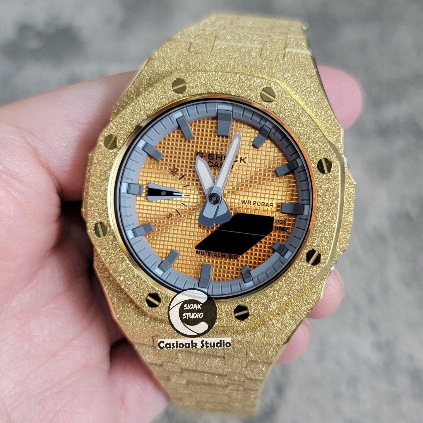 Casioak Mod Watch Frosted Gold Case Metal Strap Gray Time Mark Gold Waffle Dial 44mm- Casioak Mod Casio G-Shock Royal Oak Custom Mens Luxury Watches Ga2100