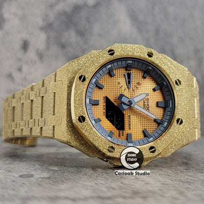 Casioak Mod Watch Frosted Gold Case Metal Strap Gray Time Mark Gold Waffle Dial 44mm- Casioak Mod Casio G-Shock Royal Oak Custom Mens Luxury Watches Ga2100