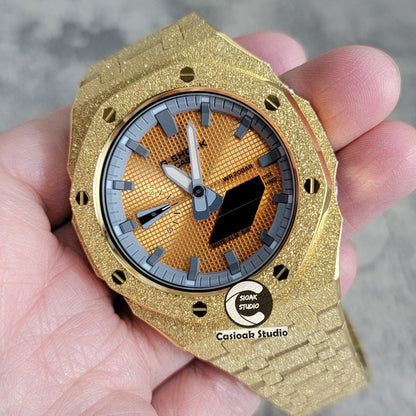 Casioak Mod Watch Frosted Gold Case Metal Strap Gray Time Mark Gold Waffle Dial 44mm- Casioak Mod Casio G-Shock Royal Oak Custom Mens Luxury Watches Ga2100