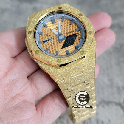 Casioak Mod Watch Frosted Gold Case Metal Strap Gray Time Mark Gold Waffle Dial 44mm- Casioak Mod Casio G-Shock Royal Oak Custom Mens Luxury Watches Ga2100