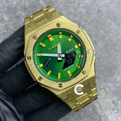 Casioak Mod Watch Frosted Gold Case Metal Strap Green Time Mark Green Dial 44mm- Casioak Mod Casio G-Shock Royal Oak Custom Mens Luxury Watches Ga2100