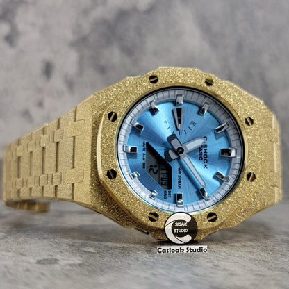 Casioak Mod Watch Frosted Gold Case Metal Strap Silver Time Mark Ice Blue Dial 44mm- Casioak Mod Casio G-Shock Royal Oak Custom Mens Luxury Watches Ga2100