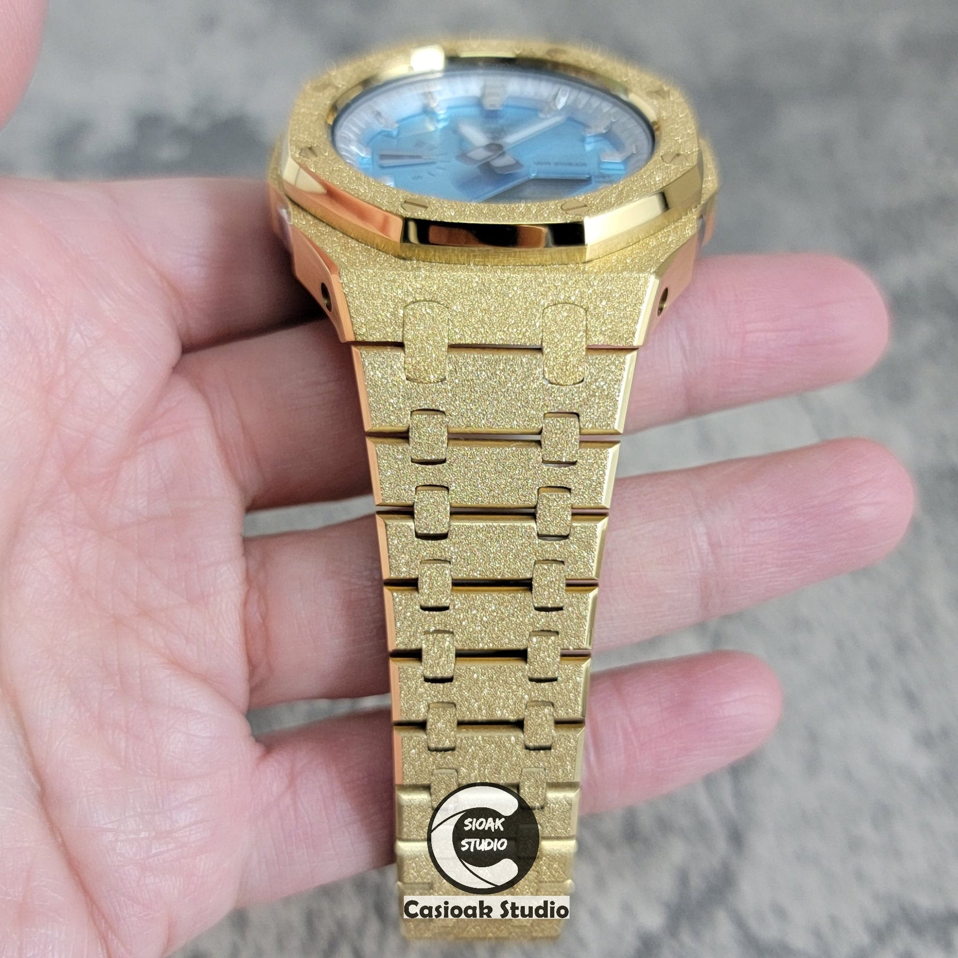 Casioak Mod Watch Frosted Gold Case Metal Strap Silver Time Mark Ice Blue Dial 44mm- Casioak Mod Casio G-Shock Royal Oak Custom Mens Luxury Watches Ga2100