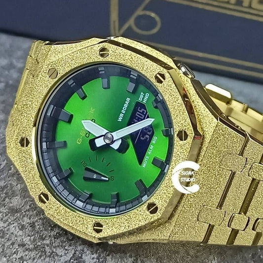 Casioak Mod Watch Frosted Golf Case Metal Strap Black Time Mark Green Dial 44mm- Casioak Mod Casio G-Shock Royal Oak Custom Mens Luxury Watches Ga2100