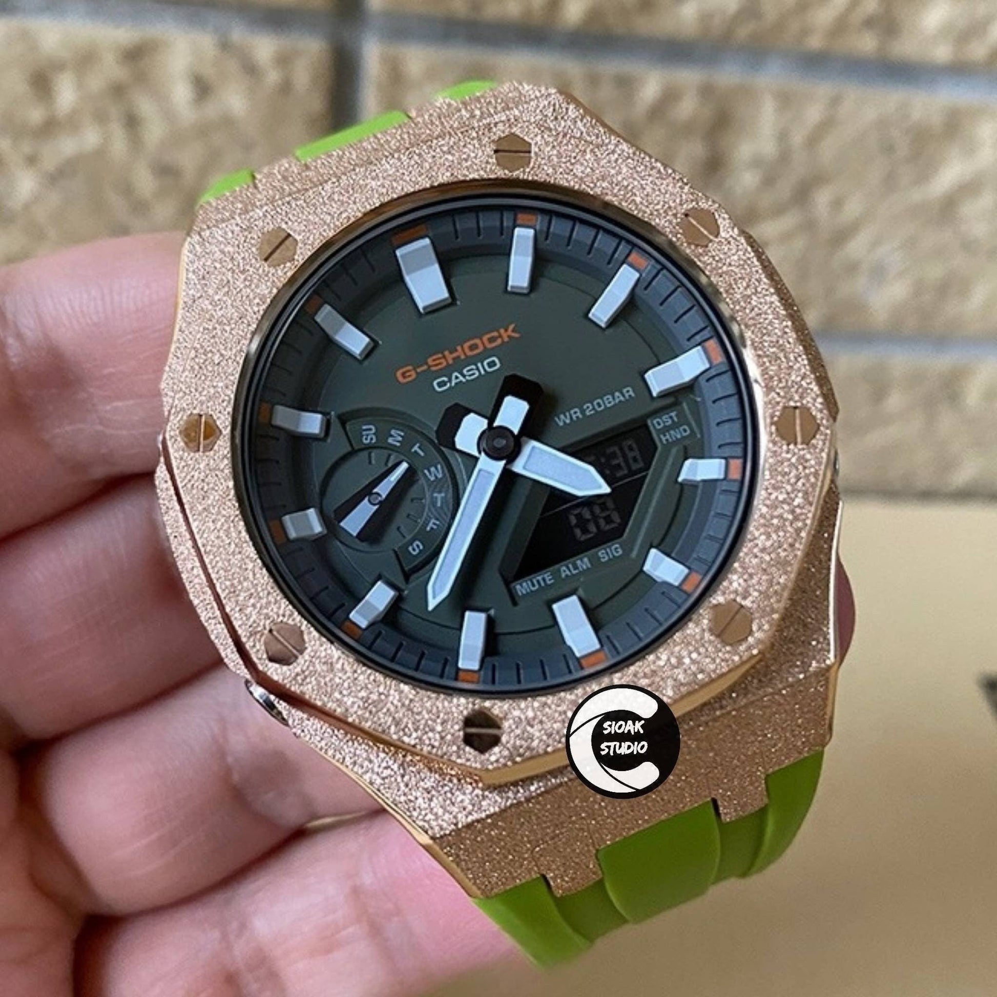 Casioak Mod Watch Frosted Rose Gold Case Green Strap Black White Time Mark Olive Dial 44mm  Men- Casioak Mod Casio G-Shock Royal Oak Custom Mens Luxury Watches Ga2100