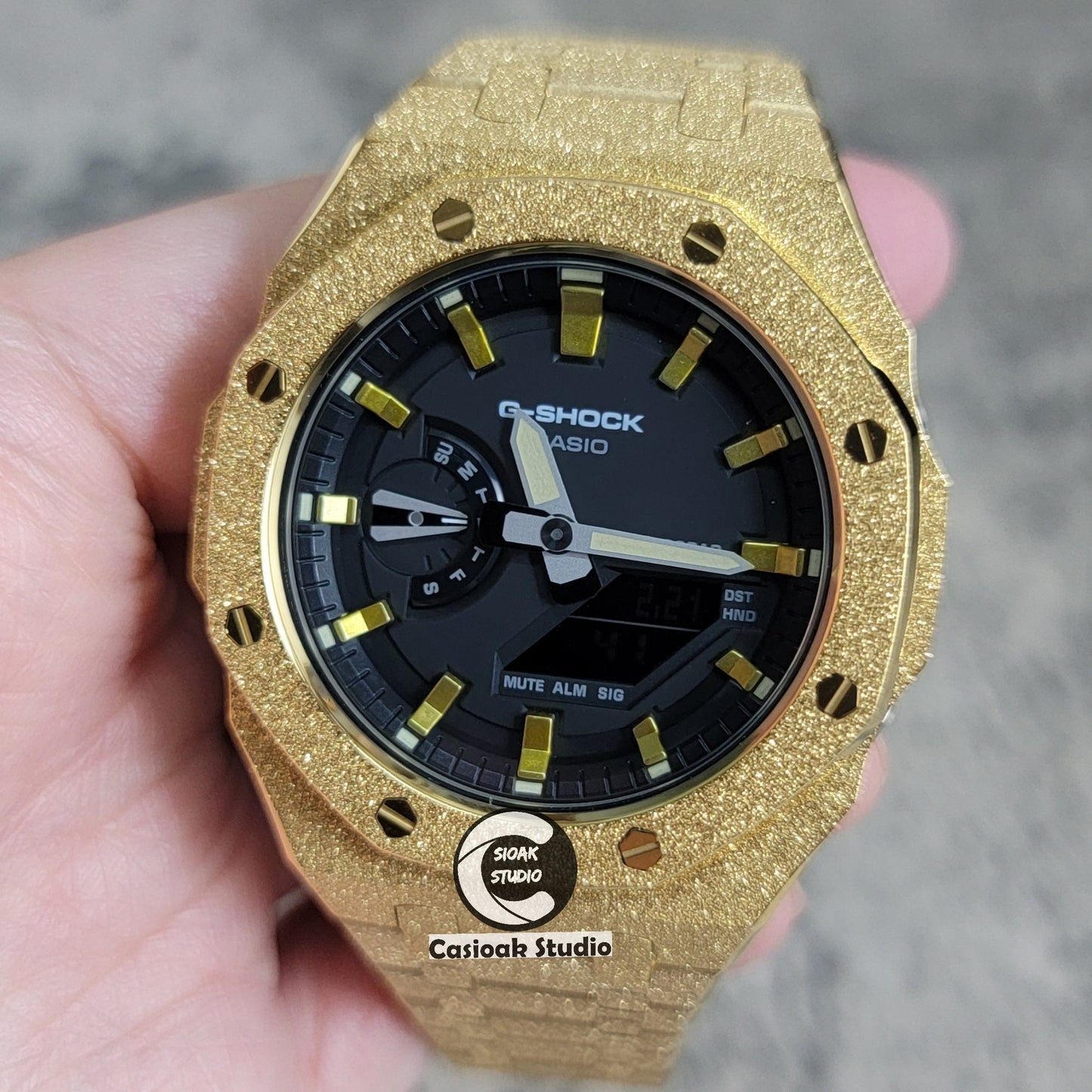 Casioak Mod Watch Frosted Rose Gold Case Metal Strap Black Gold Time Mark Black Dial 44mm- Casioak Mod Casio G-Shock Royal Oak Custom Mens Luxury Watches Ga2100