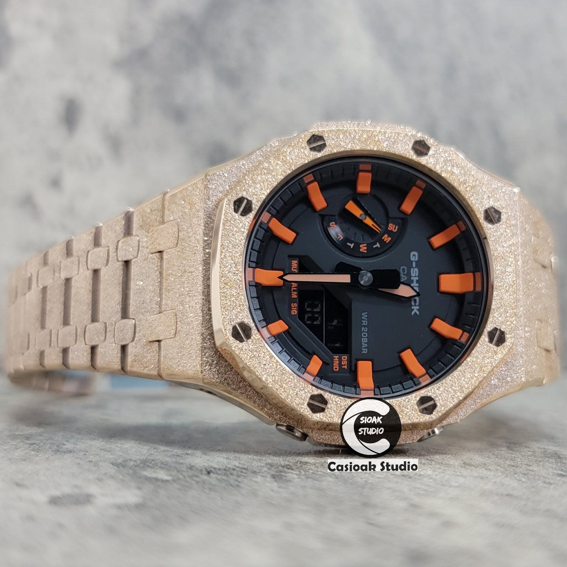 Casioak Mod Watch Frosted Rose Gold Case Metal Strap Black Orange Time Mark Black Dial 44mm- Casioak Mod Casio G-Shock Royal Oak Custom Mens Luxury Watches Ga2100