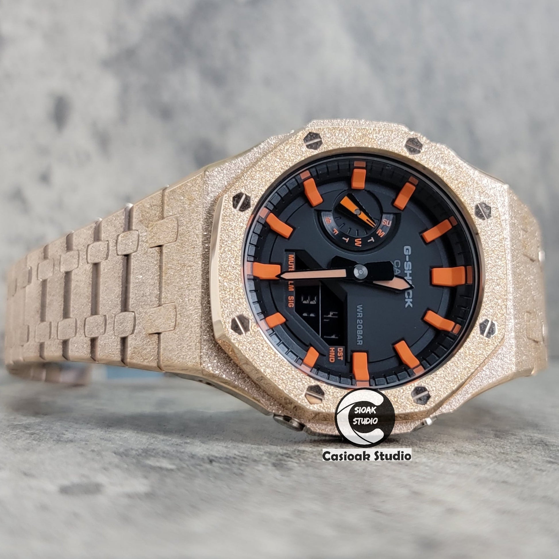 Casioak Mod Watch Frosted Rose Gold Case Metal Strap Black Orange Time Mark Black Dial 44mm- Casioak Mod Casio G-Shock Royal Oak Custom Mens Luxury Watches Ga2100