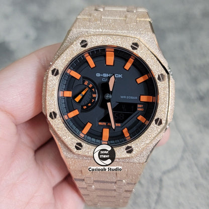 Casioak Mod Watch Frosted Rose Gold Case Metal Strap Black Orange Time Mark Black Dial 44mm- Casioak Mod Casio G-Shock Royal Oak Custom Mens Luxury Watches Ga2100