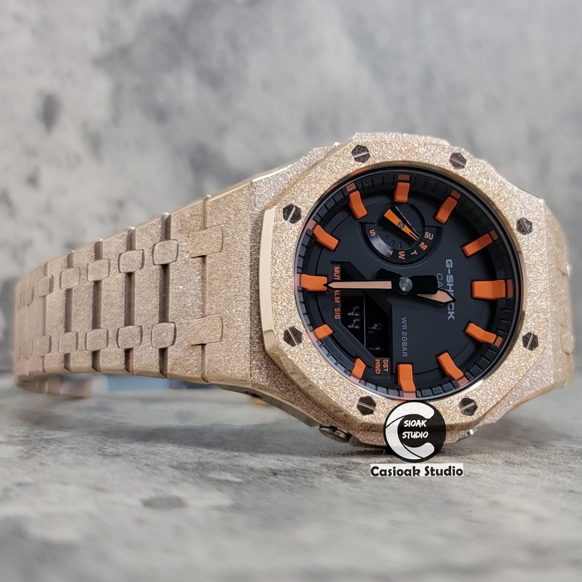 Casioak Mod Watch Frosted Rose Gold Case Metal Strap Black Orange Time Mark Black Dial 44mm- Casioak Mod Casio G-Shock Royal Oak Custom Mens Luxury Watches Ga2100