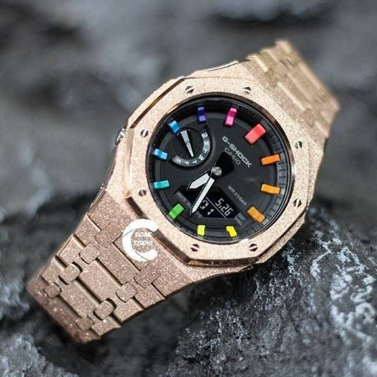 Casioak Mod Watch Frosted Rose Gold Case Metal Strap Black Rainbow Time Mark Black Dial 44mm- Casioak Mod Casio G-Shock Royal Oak Custom Mens Luxury Watches Ga2100