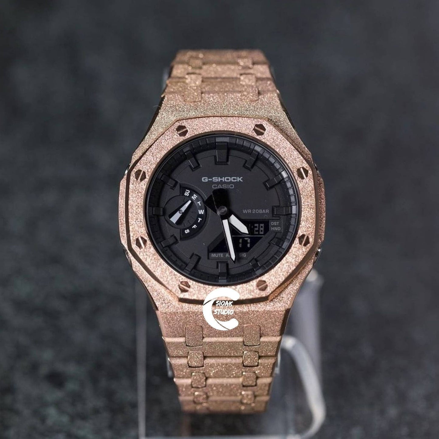 Casioak Mod Watch Frosted Rose Gold Case Metal Strap Black Time Mark Black Dial 44 mm- Casioak Mod Casio G-Shock Royal Oak Custom Mens Luxury Watches Ga2100