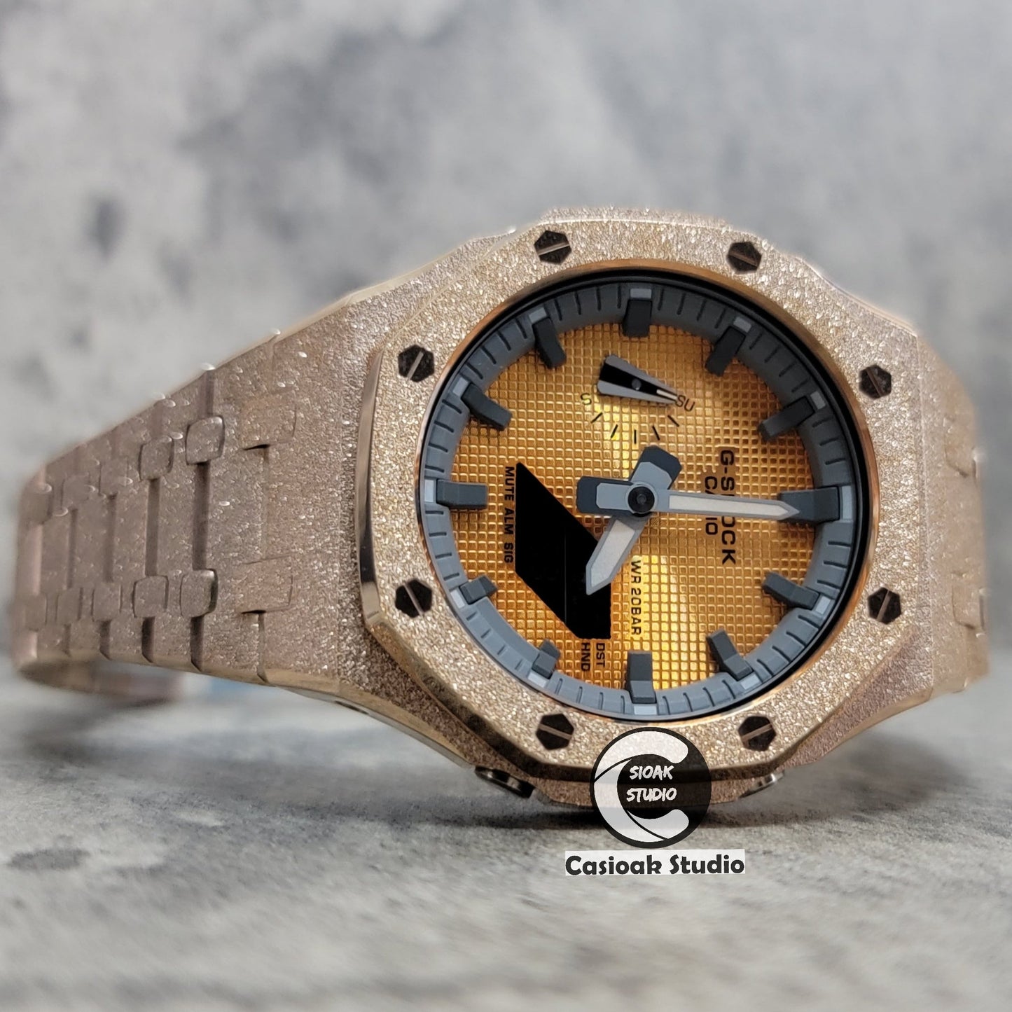 Casioak Mod Watch Frosted Rose Gold Case Metal Strap Gray Time Mark Gold Waffle Dial 44mm- Casioak Mod Casio G-Shock Royal Oak Custom Mens Luxury Watches Ga2100