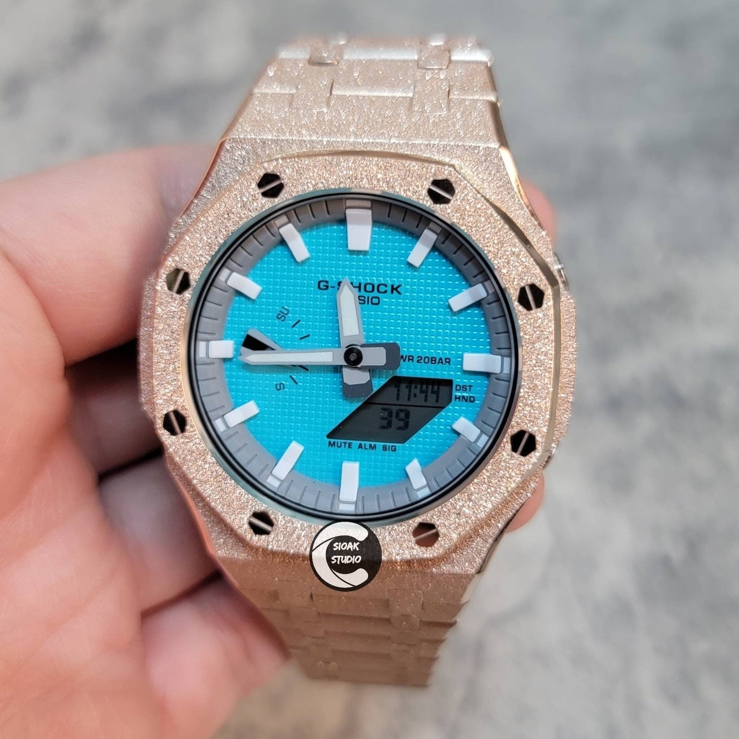 Casioak Mod Watch Frosted Rose Gold Case Metal Strap Light Gray White Time Mark Tiff Blue Dial 44mm- Casioak Mod Casio G-Shock Royal Oak Custom Mens Luxury Watches Ga2100