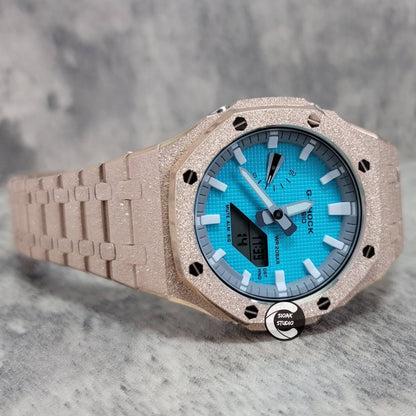 Casioak Mod Watch Frosted Rose Gold Case Metal Strap Light Gray White Time Mark Tiff Blue Dial 44mm- Casioak Mod Casio G-Shock Royal Oak Custom Mens Luxury Watches Ga2100