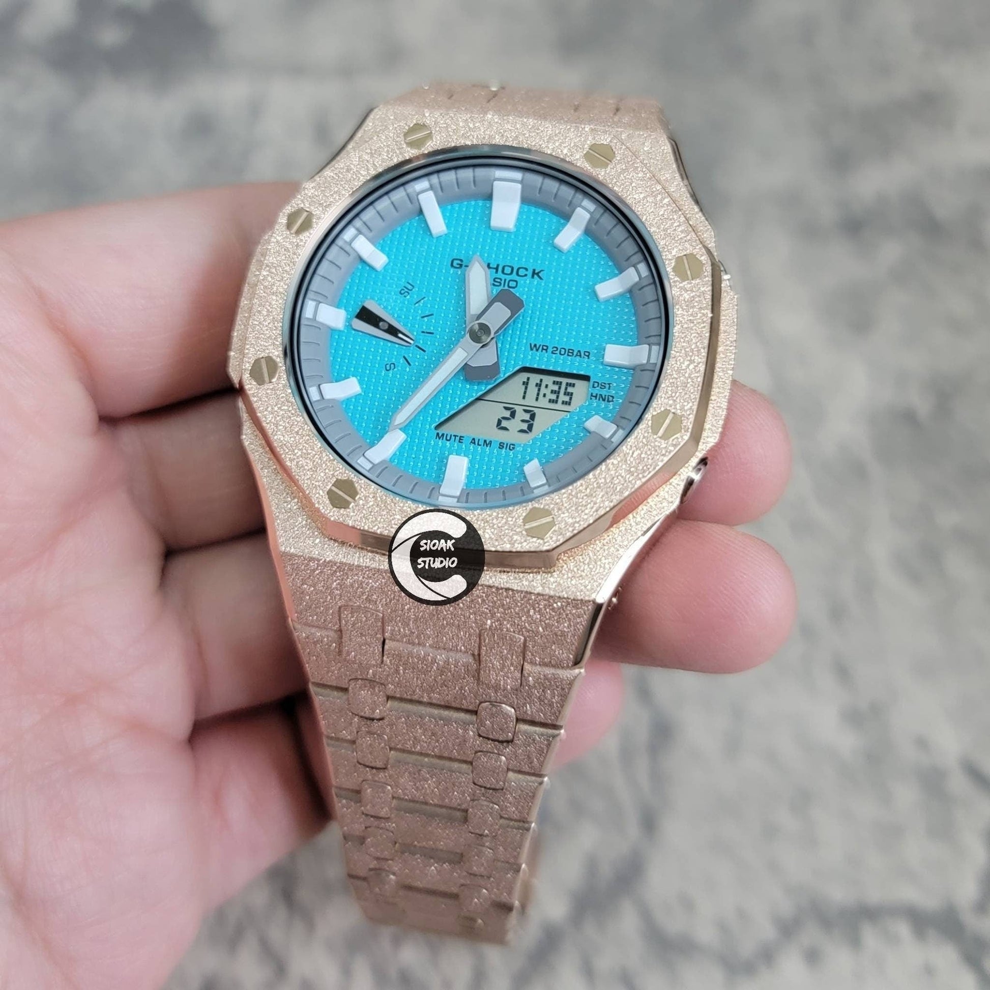 Casioak Mod Watch Frosted Rose Gold Case Metal Strap Light Gray White Time Mark Tiff Blue Dial 44mm- Casioak Mod Casio G-Shock Royal Oak Custom Mens Luxury Watches Ga2100