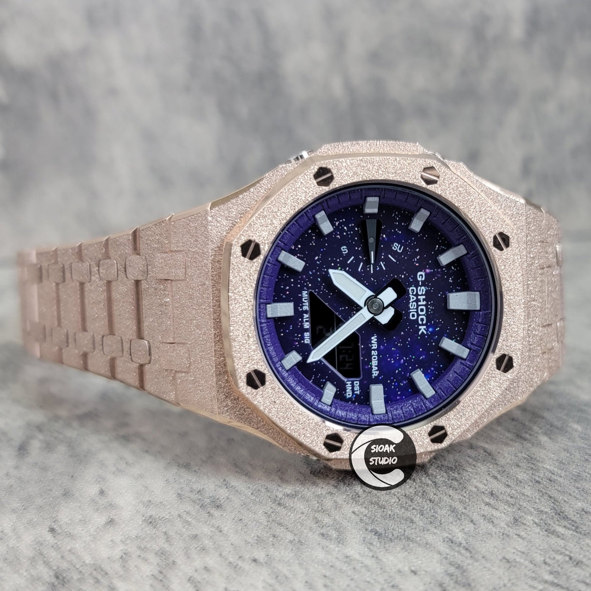 Casioak Mod Watch Frosted Rose Gold Case Metal Strap Purple Silver Time Mark Purple Dial 44mm- Casioak Mod Casio G-Shock Royal Oak Custom Mens Luxury Watches Ga2100