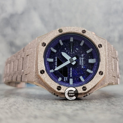 Casioak Mod Watch Frosted Rose Gold Case Metal Strap Purple Silver Time Mark Purple Dial 44mm- Casioak Mod Casio G-Shock Royal Oak Custom Mens Luxury Watches Ga2100