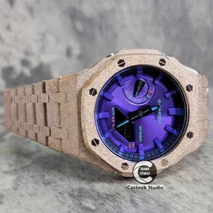 Casioak Mod Watch Frosted Rose Gold Case Metal Strap Purple Time Mark Purple Dial 44mm- Casioak Mod Casio G-Shock Royal Oak Custom Mens Luxury Watches Ga2100