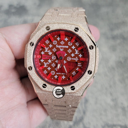 Casioak Mod Watch Frosted Rose Gold Case Metal Strap Red Time Mark Red Dial 44mm- Casioak Mod Casio G-Shock Royal Oak Custom Mens Luxury Watches Ga2100