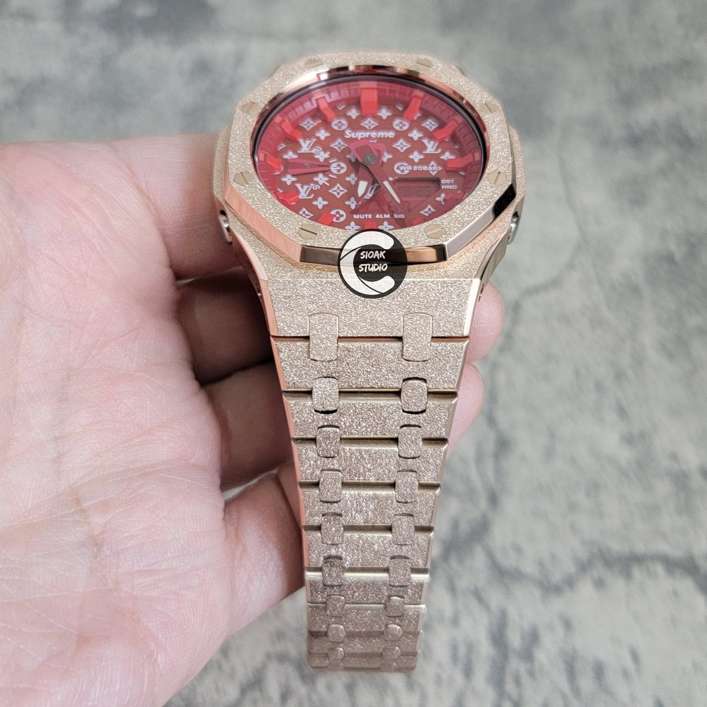 Casioak Mod Watch Frosted Rose Gold Case Metal Strap Red Time Mark Red Dial 44mm- Casioak Mod Casio G-Shock Royal Oak Custom Mens Luxury Watches Ga2100