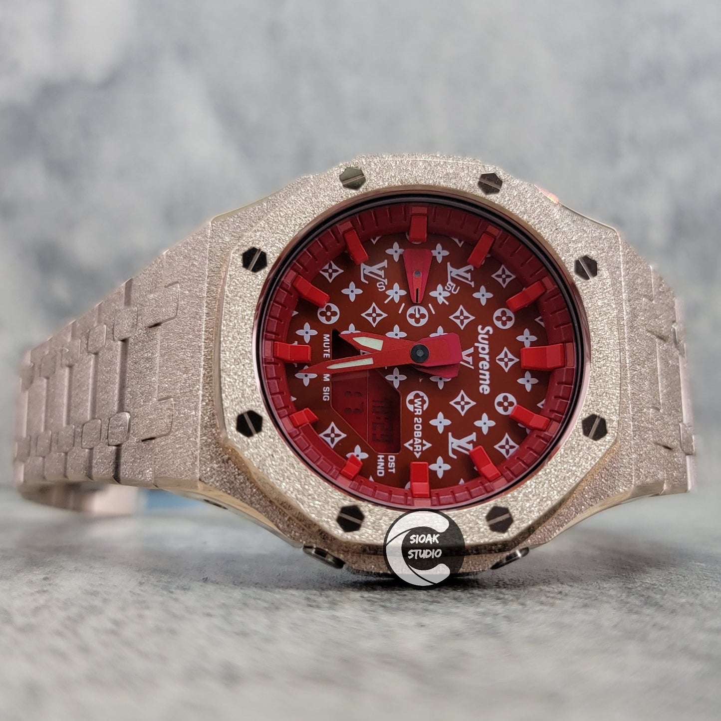 Casioak Mod Watch Frosted Rose Gold Case Metal Strap Red Time Mark Red Dial 44mm- Casioak Mod Casio G-Shock Royal Oak Custom Mens Luxury Watches Ga2100