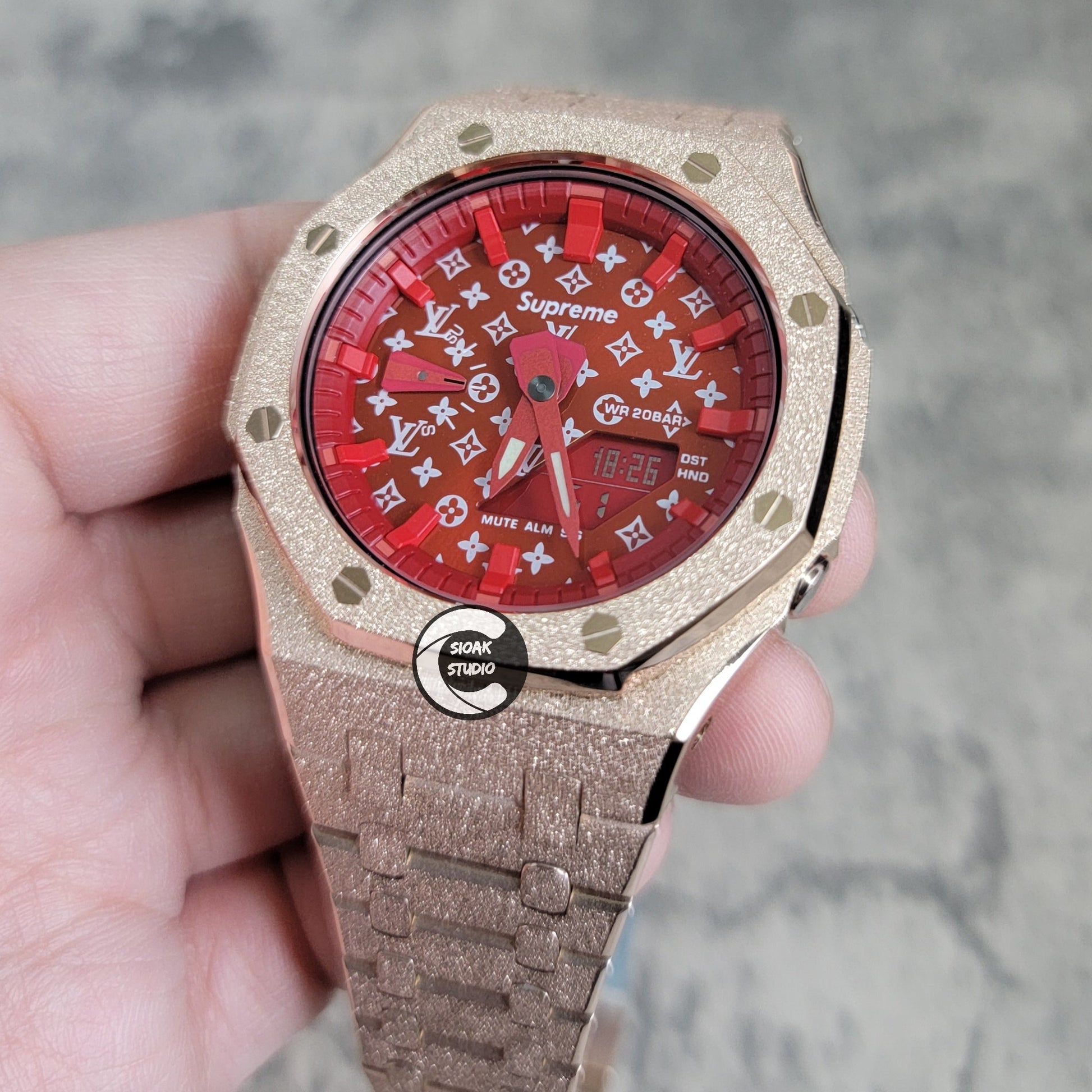 Casioak Mod Watch Frosted Rose Gold Case Metal Strap Red Time Mark Red Dial 44mm- Casioak Mod Casio G-Shock Royal Oak Custom Mens Luxury Watches Ga2100