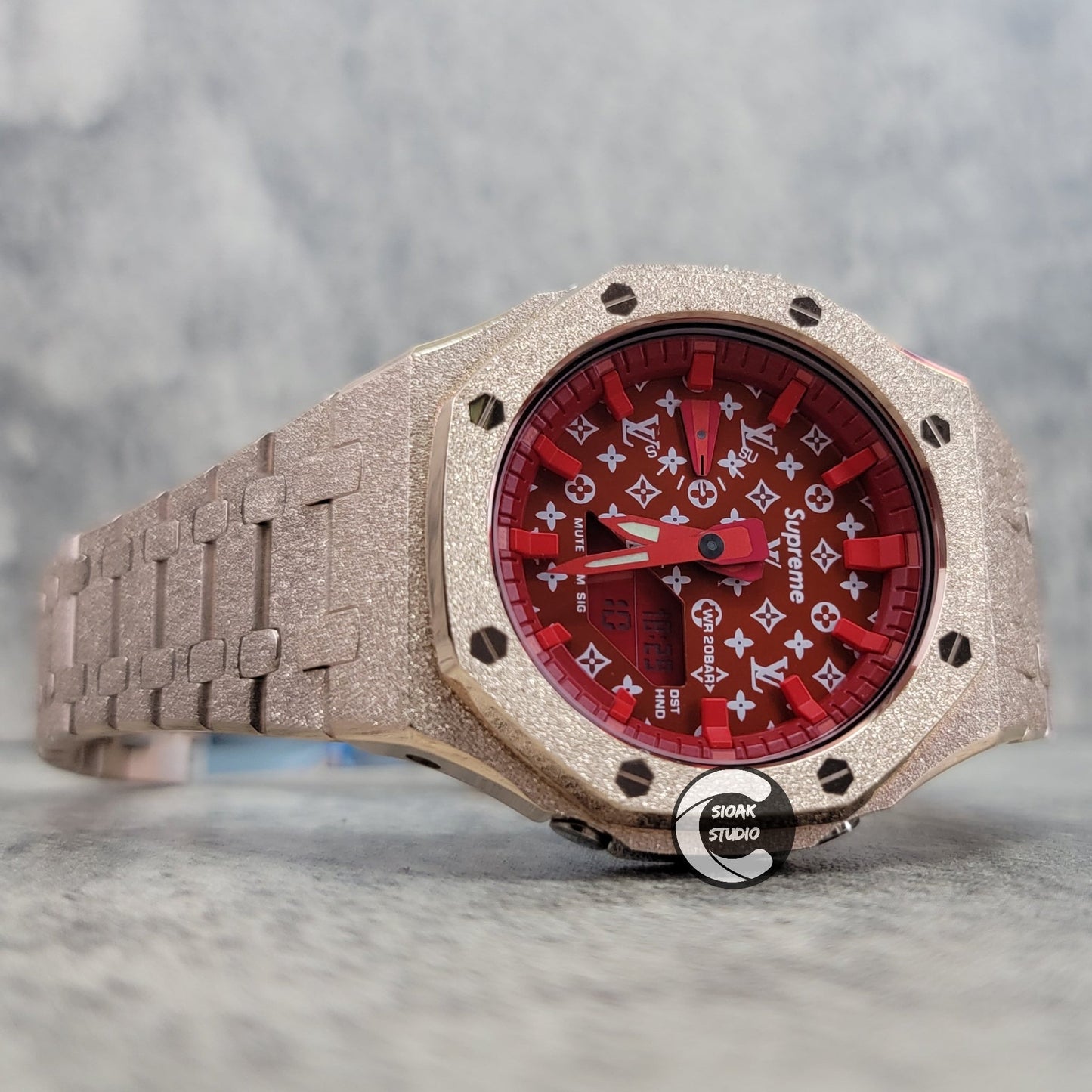 Casioak Mod Watch Frosted Rose Gold Case Metal Strap Red Time Mark Red Dial 44mm- Casioak Mod Casio G-Shock Royal Oak Custom Mens Luxury Watches Ga2100