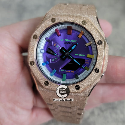 Casioak Mod Watch Frosted Rose Gold Case Metal Strap Silver Metallic Rainbow Time Mark Purple Dial 44mm- Casioak Mod Casio G-Shock Royal Oak Custom Mens Luxury Watches Ga2100