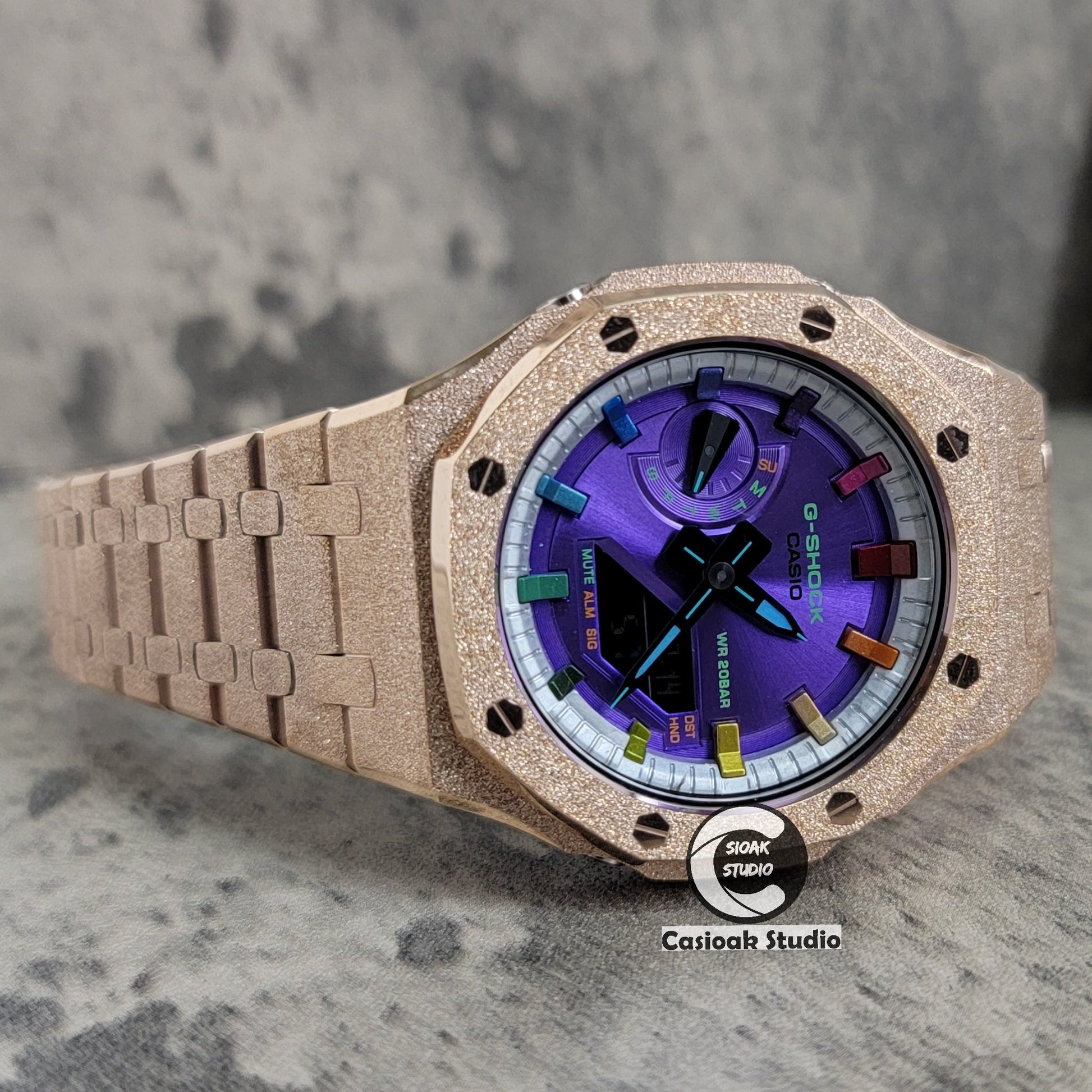 Casioak Mod Watch Frosted Rose Gold Case Metal Strap Silver Metallic Rainbow Time Mark Purple Dial 44mm- Casioak Mod Casio G-Shock Royal Oak Custom Mens Luxury Watches Ga2100