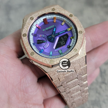 Casioak Mod Watch Frosted Rose Gold Case Metal Strap Silver Metallic Rainbow Time Mark Purple Dial 44mm- Casioak Mod Casio G-Shock Royal Oak Custom Mens Luxury Watches Ga2100