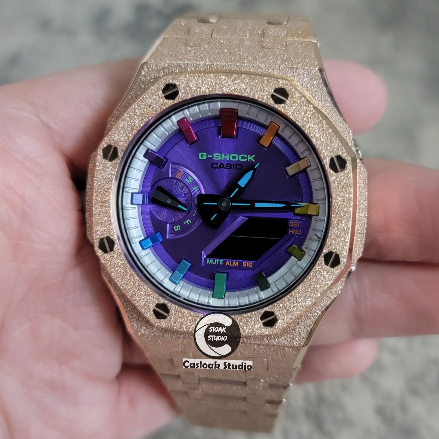 Casioak Mod Watch Frosted Rose Gold Case Metal Strap Silver Metallic Rainbow Time Mark Purple Dial 44mm- Casioak Mod Casio G-Shock Royal Oak Custom Mens Luxury Watches Ga2100