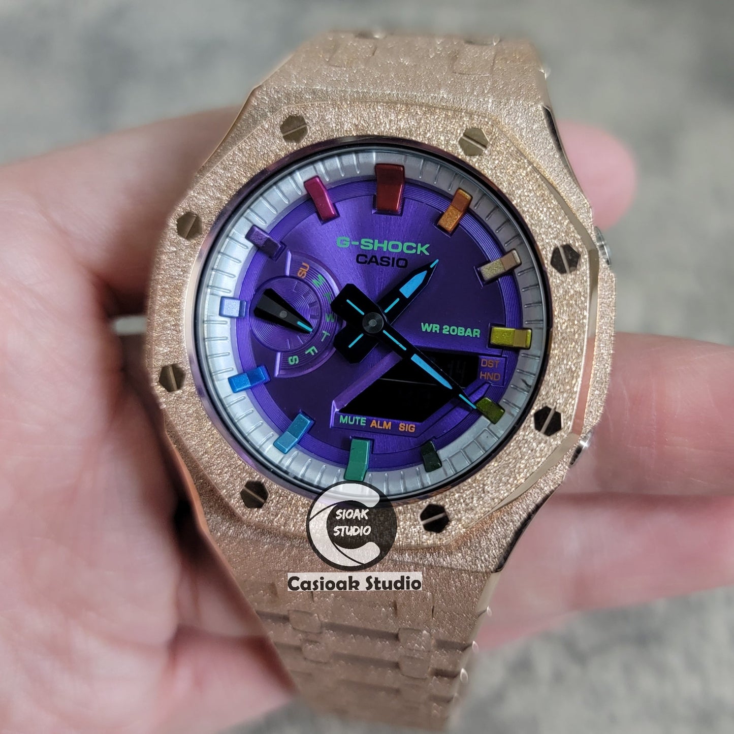 Casioak Mod Watch Frosted Rose Gold Case Metal Strap Silver Rainbow Time Mark Purple Dial 44mm- Casioak Mod Casio G-Shock Royal Oak Custom Mens Luxury Watches Ga2100