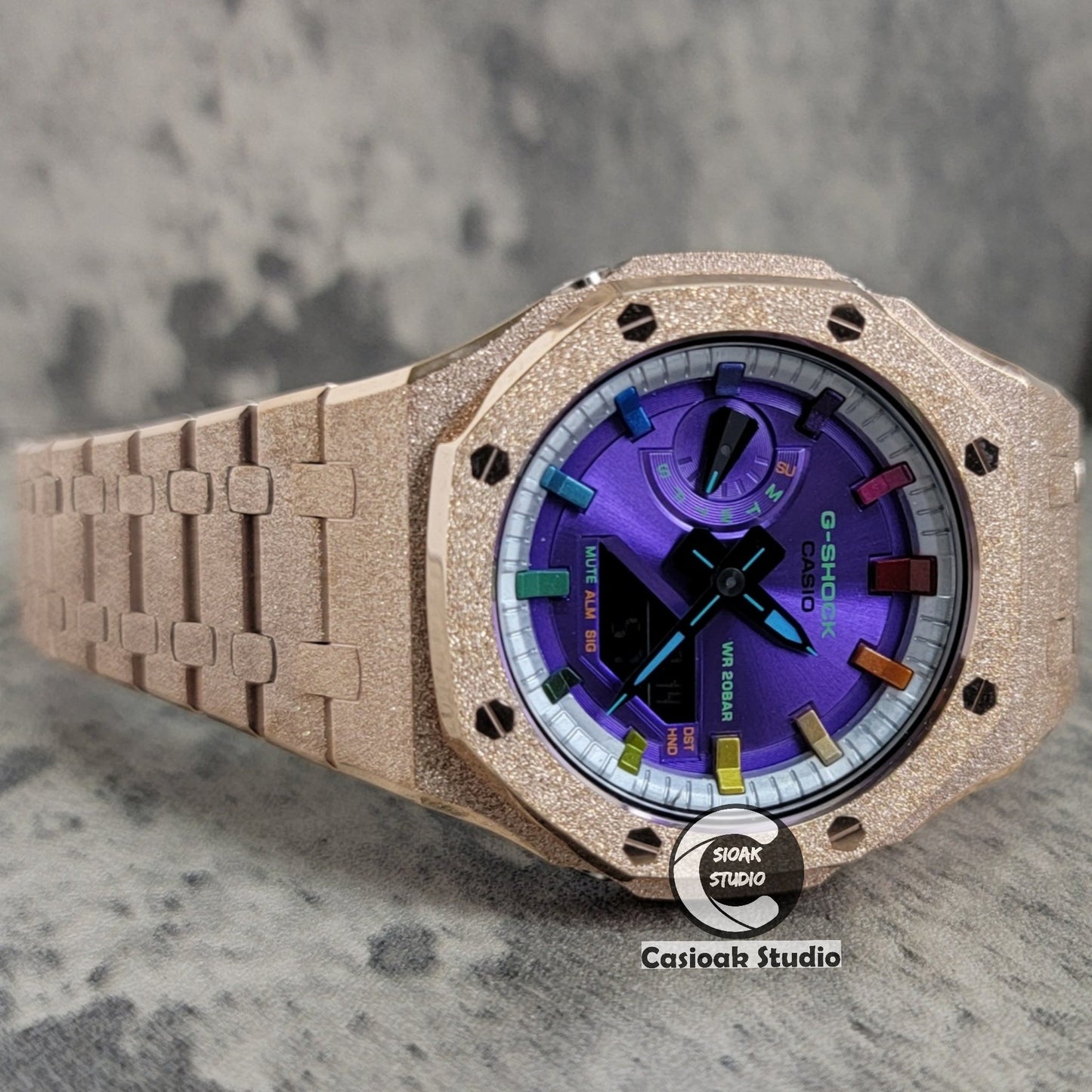 Casioak Mod Watch Frosted Rose Gold Case Metal Strap Silver Rainbow Time Mark Purple Dial 44mm- Casioak Mod Casio G-Shock Royal Oak Custom Mens Luxury Watches Ga2100