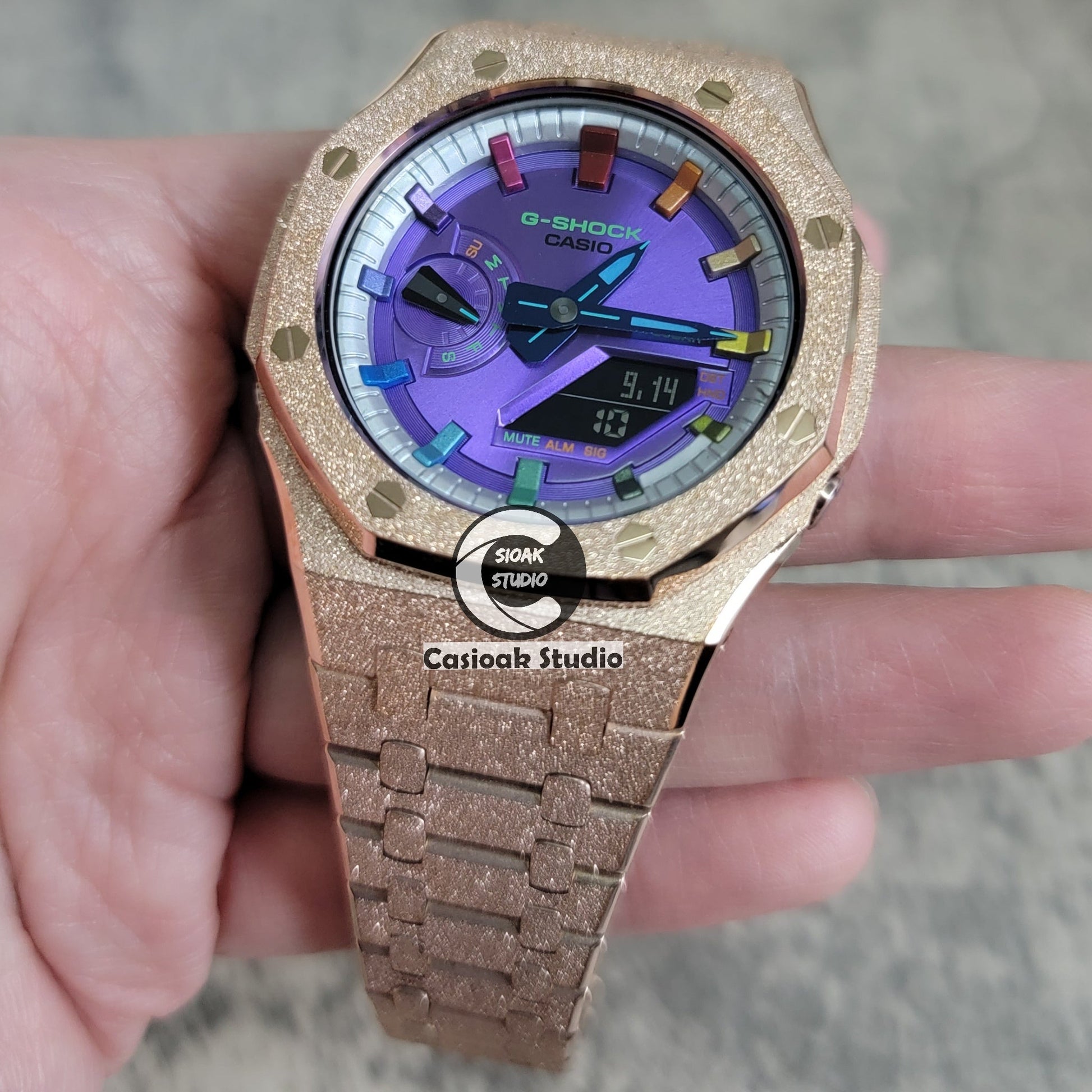 Casioak Mod Watch Frosted Rose Gold Case Metal Strap Silver Rainbow Time Mark Purple Dial 44mm- Casioak Mod Casio G-Shock Royal Oak Custom Mens Luxury Watches Ga2100