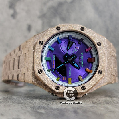 Casioak Mod Watch Frosted Rose Gold Case Metal Strap Silver Rainbow Time Mark Purple Dial 44mm- Casioak Mod Casio G-Shock Royal Oak Custom Mens Luxury Watches Ga2100