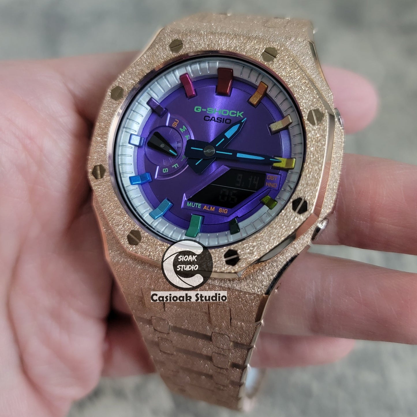 Casioak Mod Watch Frosted Rose Gold Case Metal Strap Silver Rainbow Time Mark Purple Dial 44mm- Casioak Mod Casio G-Shock Royal Oak Custom Mens Luxury Watches Ga2100