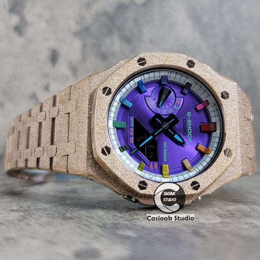 Casioak Mod Watch Frosted Rose Gold Case Metal Strap Silver Rainbow Time Mark Purple Dial 44mm- Casioak Mod Casio G-Shock Royal Oak Custom Mens Luxury Watches Ga2100