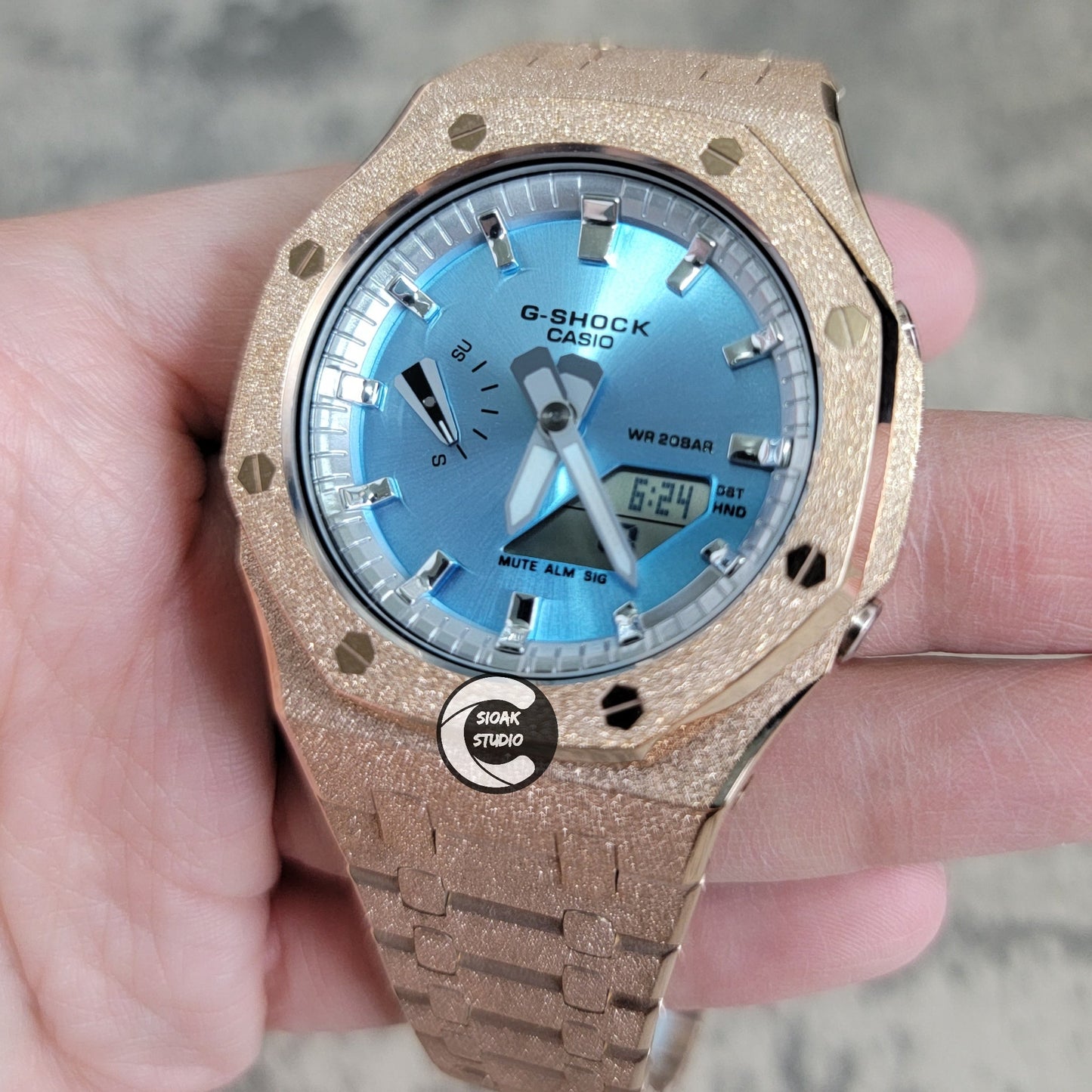 Casioak Mod Watch Frosted Rose Gold Case Metal Strap Silver Time Mark Ice Blue Dial 44mm- Casioak Mod Casio G-Shock Royal Oak Custom Mens Luxury Watches Ga2100