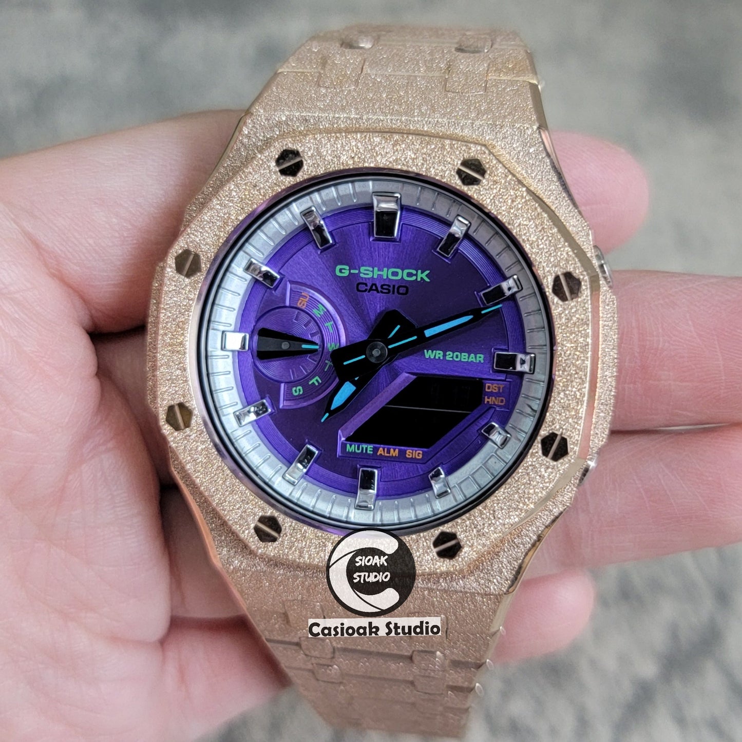 Casioak Mod Watch Frosted Rose Gold Case Metal Strap Silver Time Mark Purple Dial 44mm- Casioak Mod Casio G-Shock Royal Oak Custom Mens Luxury Watches Ga2100