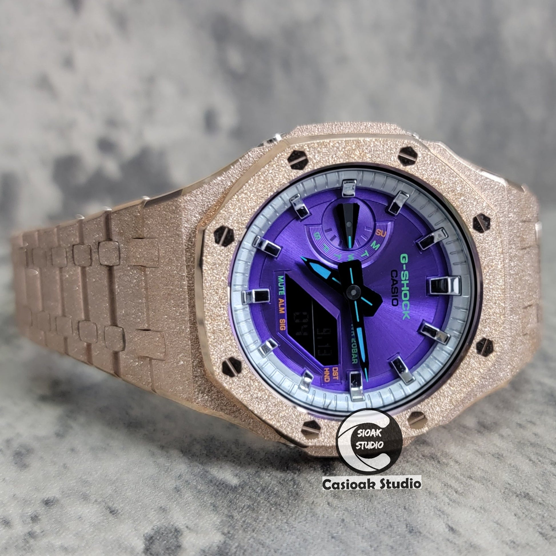 Casioak Mod Watch Frosted Rose Gold Case Metal Strap Silver Time Mark Purple Dial 44mm- Casioak Mod Casio G-Shock Royal Oak Custom Mens Luxury Watches Ga2100