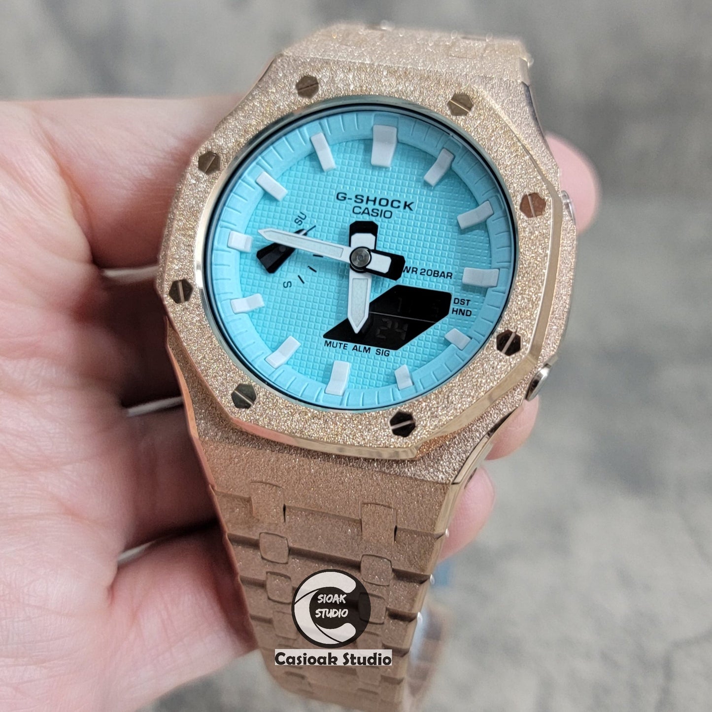 Casioak Mod Watch Frosted Rose Gold Case Metal Strap Tiff White Time Mark Tiff Blue Dial 44mm- Casioak Mod Casio G-Shock Royal Oak Custom Mens Luxury Watches Ga2100